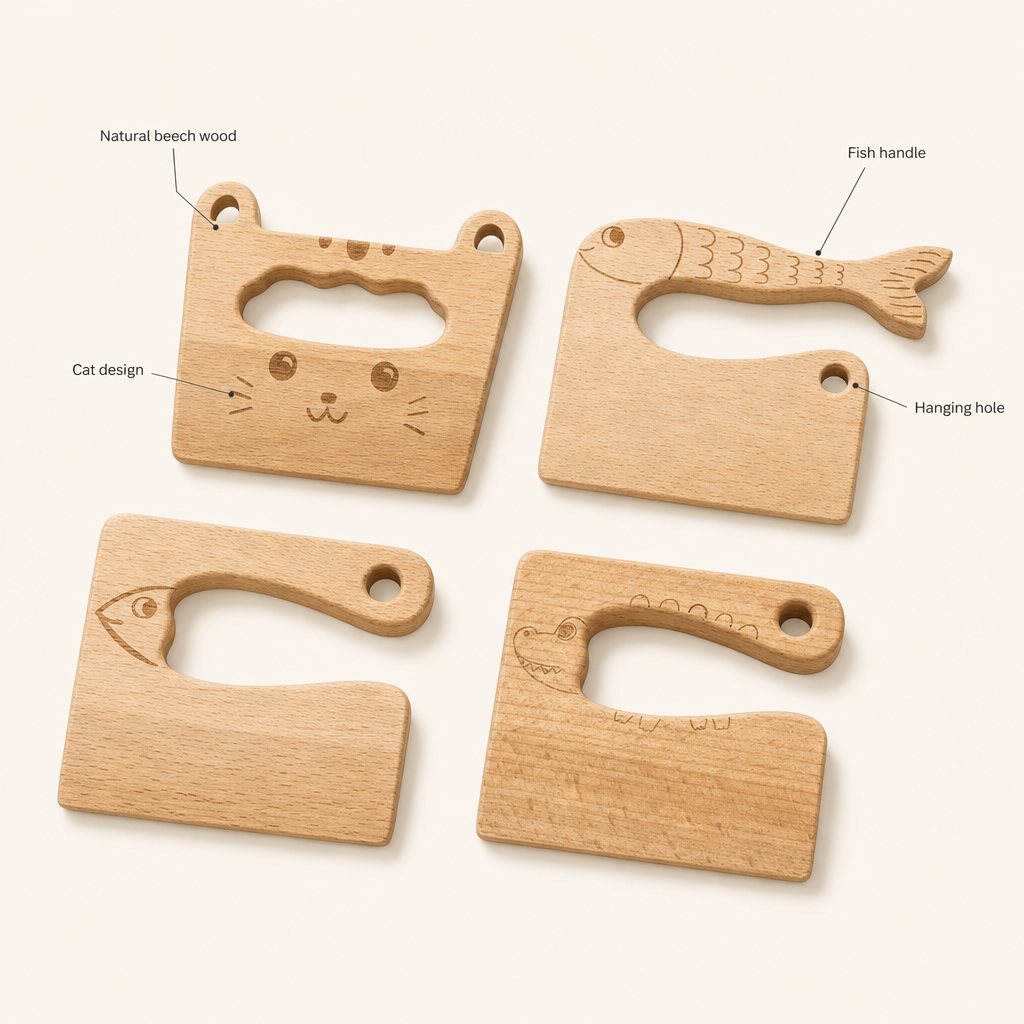 Animal Shape Play Knives features: Natural beech wood, Cat design, Fish handle, Hanging hole