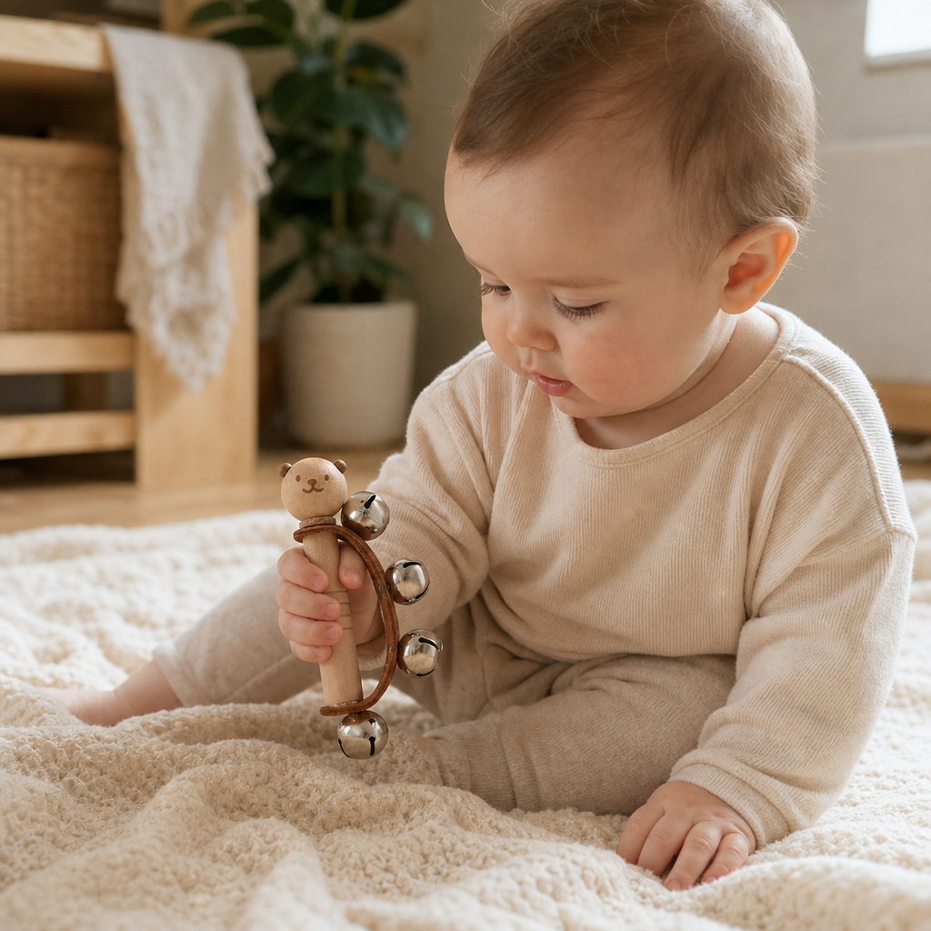 Child playing with the Bear Bell Rattle