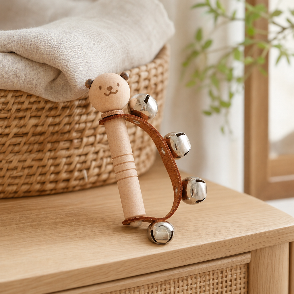 Bear Bell Rattle in a bright Montessori playroom