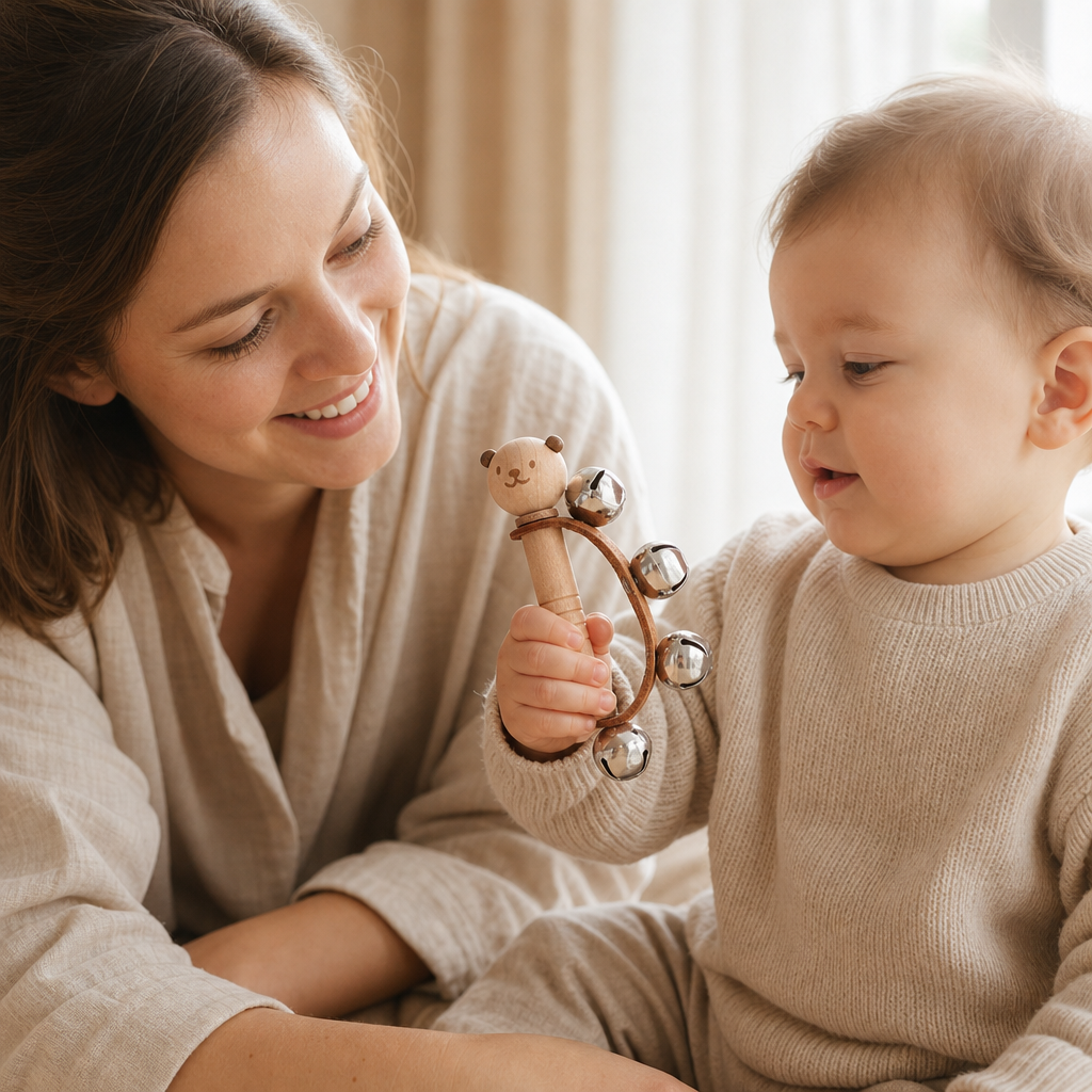 Parent and child playing together with the Bear Bell Rattle