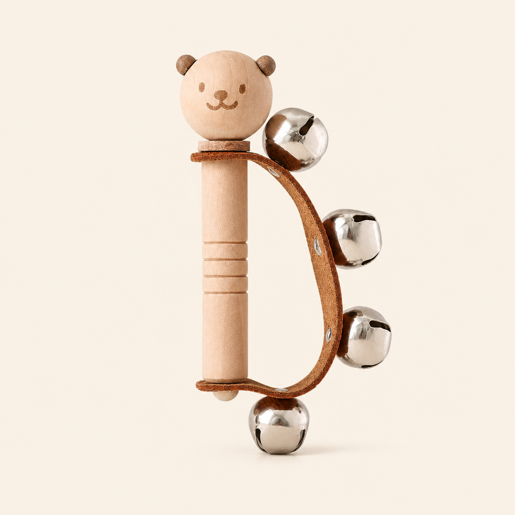 Montessori Bear Bell Rattle product photo on a cream background