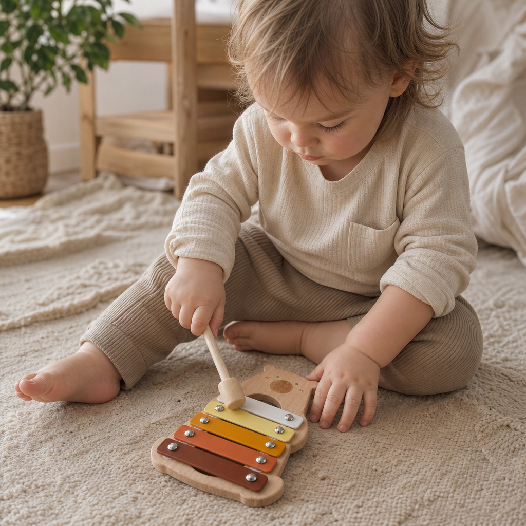 Child playing with the Bear Wooden Xylophone