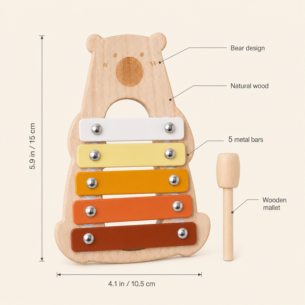 Bear Wooden Xylophone features: Natural wood, 5 metal bars, Wooden mallet, Bear design ; size 4.1 in / 10.5 cm ; 5.9 in / 15 cm
