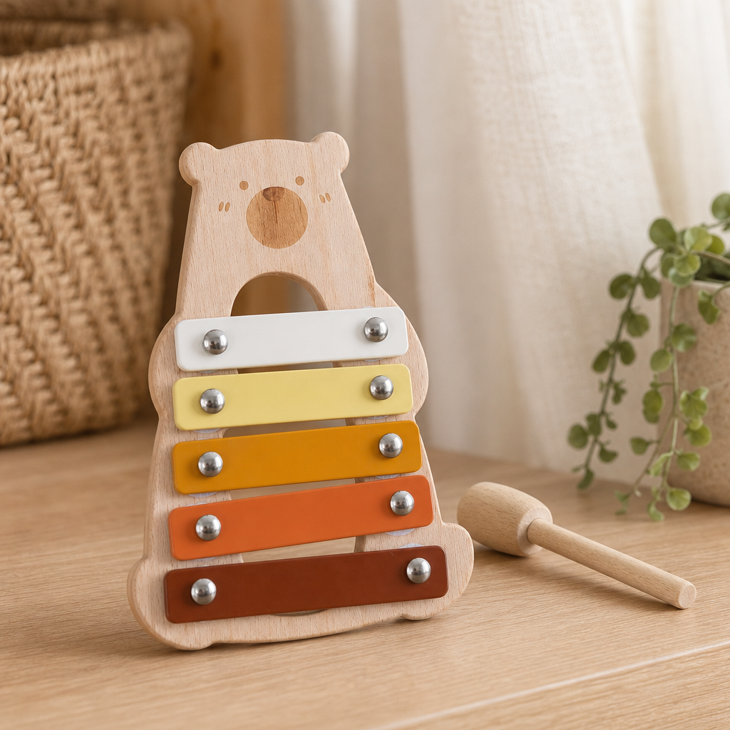 Bear Wooden Xylophone in a bright Montessori playroom