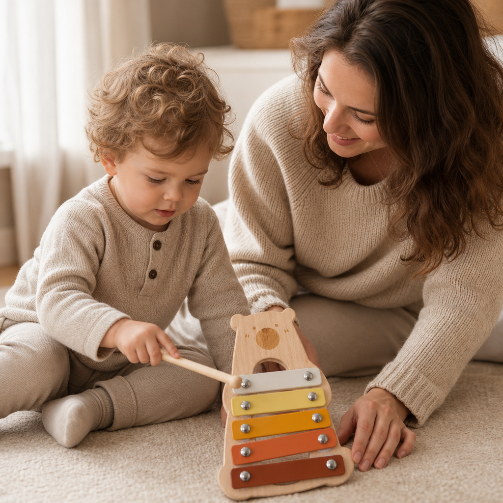 Parent and child playing together with the Bear Wooden Xylophone