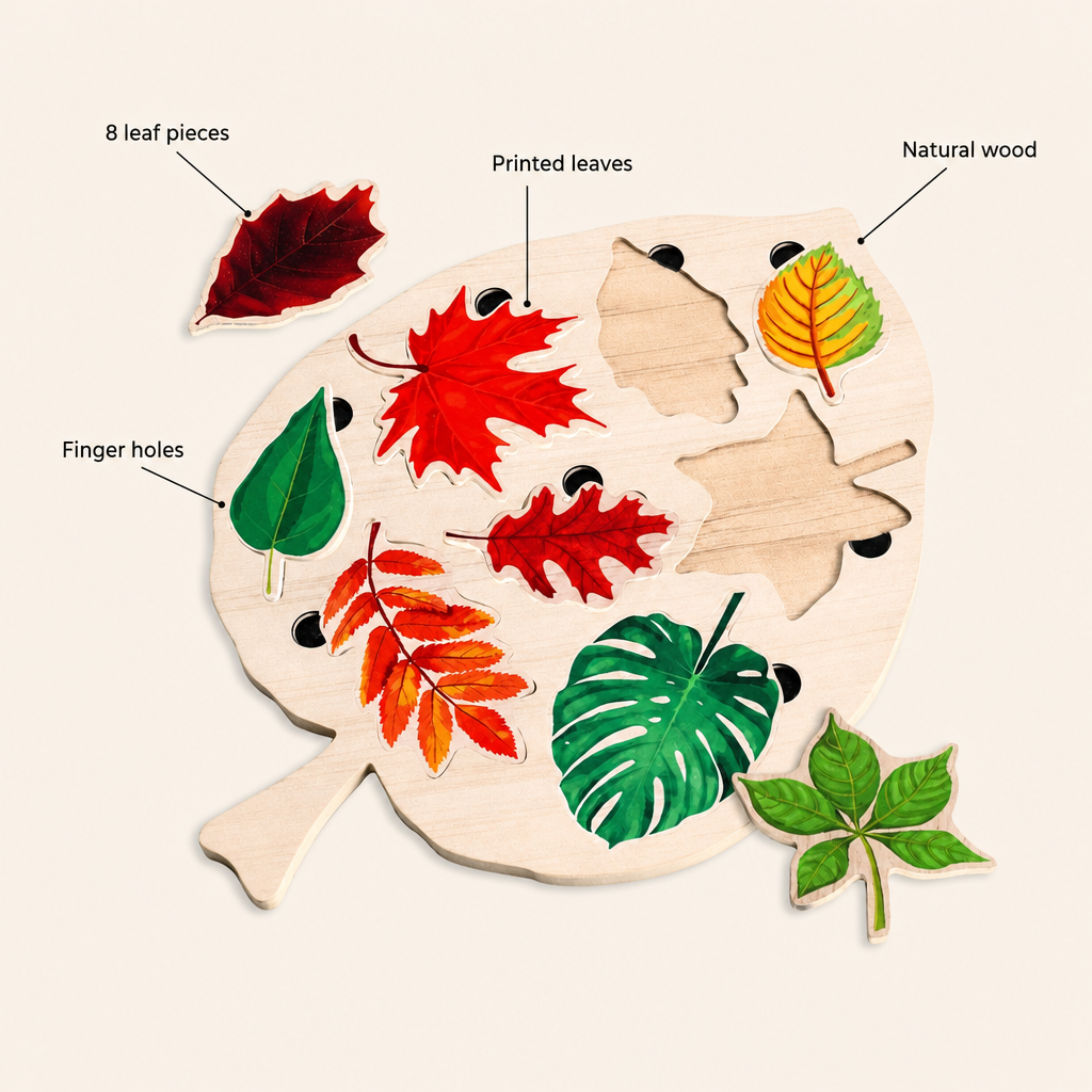 Bird Leaf Puzzle 8 Tree Species features: Natural wood, 8 leaf pieces, Finger holes, Printed leaves