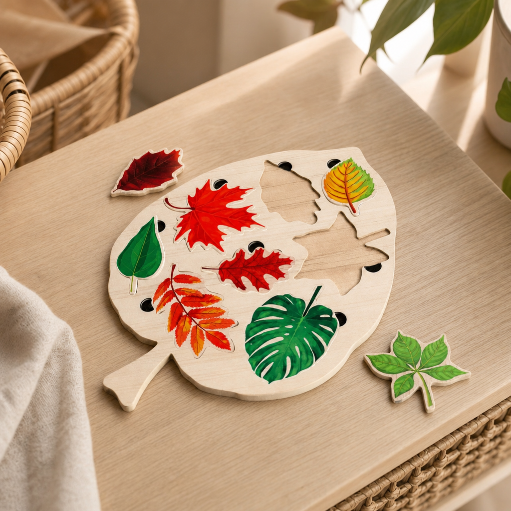 Bird Leaf Puzzle 8 Tree Species in a bright Montessori playroom