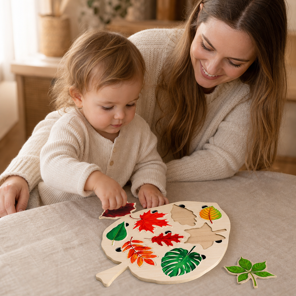Parent and child playing together with the Bird Leaf Puzzle 8 Tree Species