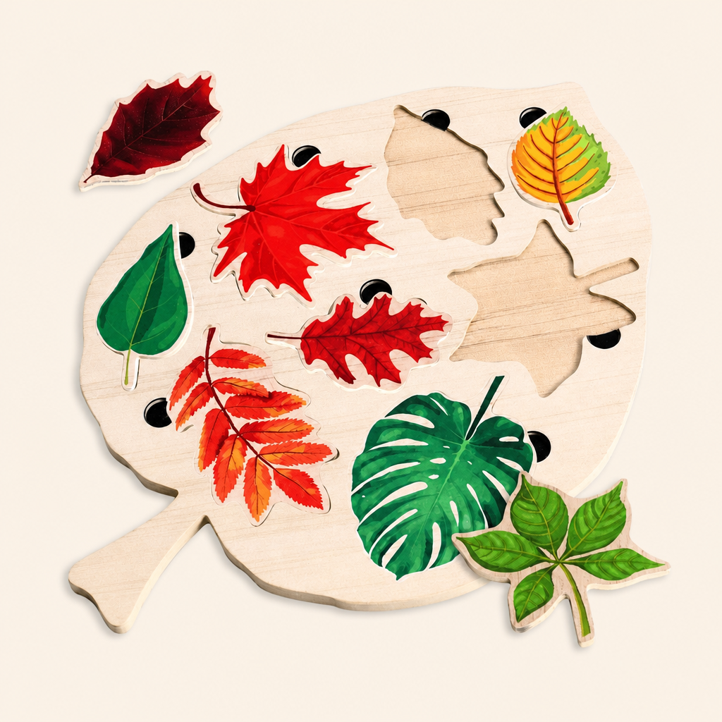Montessori Bird Leaf Puzzle 8 Tree Species product photo on a cream background