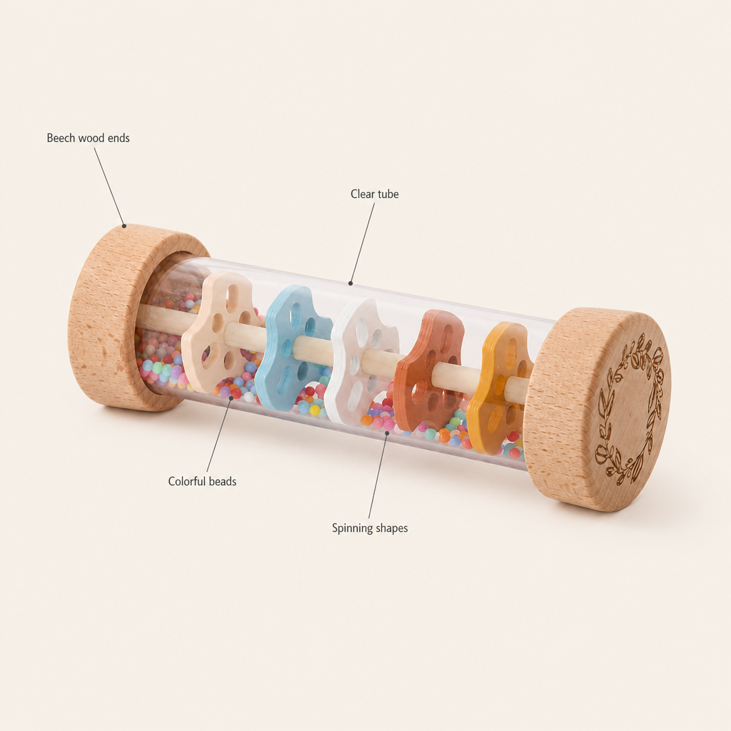 Colorful Bead Rainstick features: Beech wood ends, Clear tube, Colorful beads, Spinning shapes