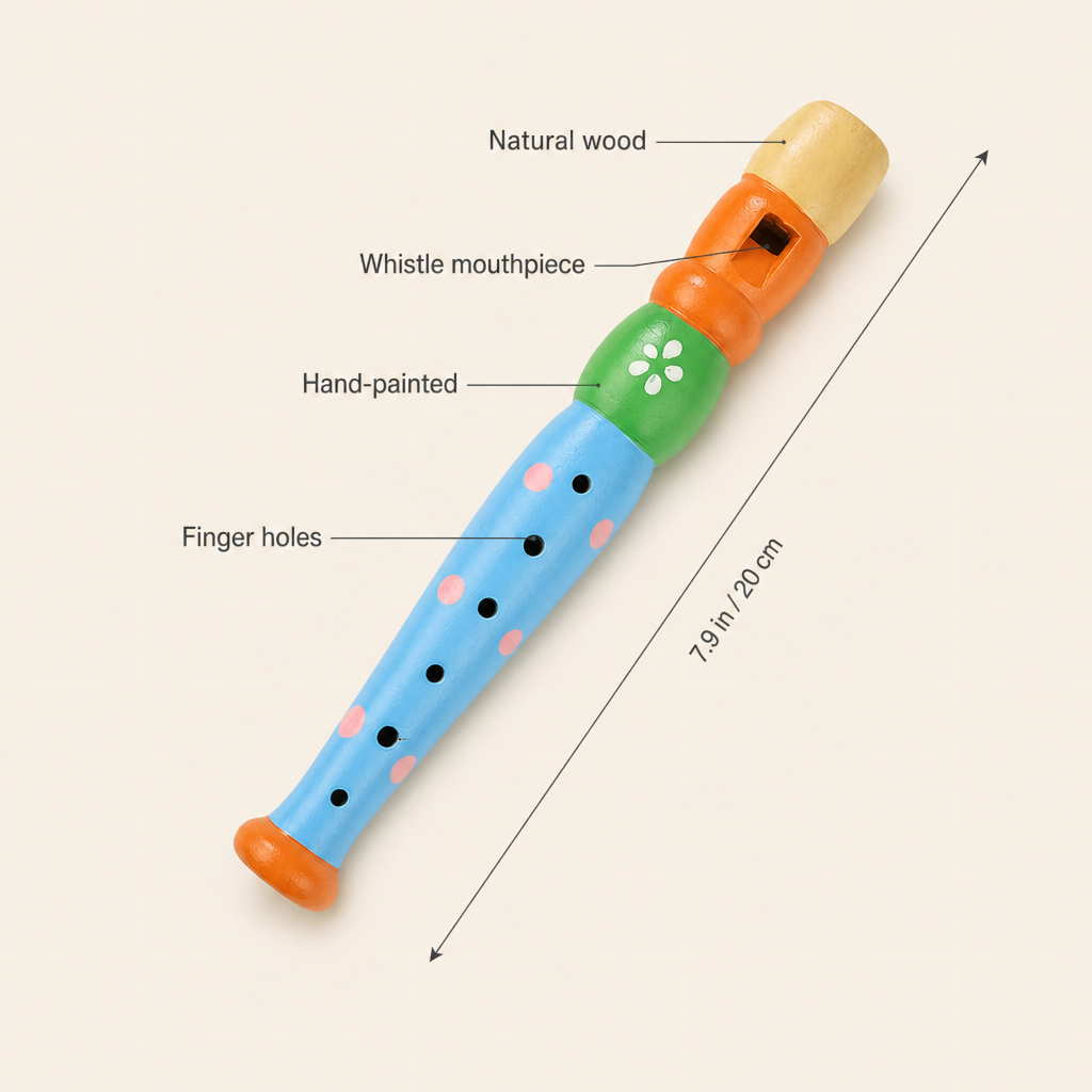 Colorful Wooden Flute features: Natural wood, Finger holes, Hand-painted, Whistle mouthpiece ; size 7.9 in / 20 cm