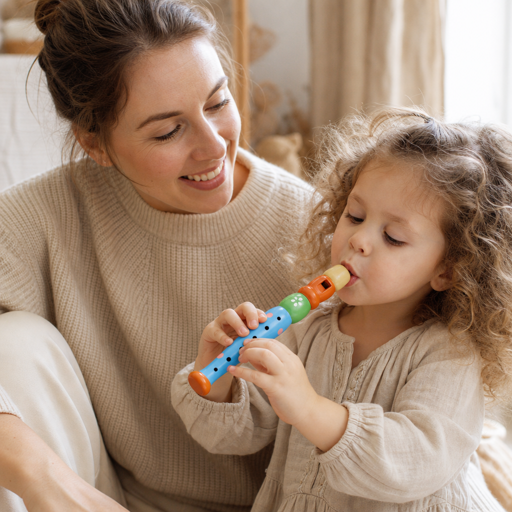Parent and child playing together with the Colorful Wooden Flute