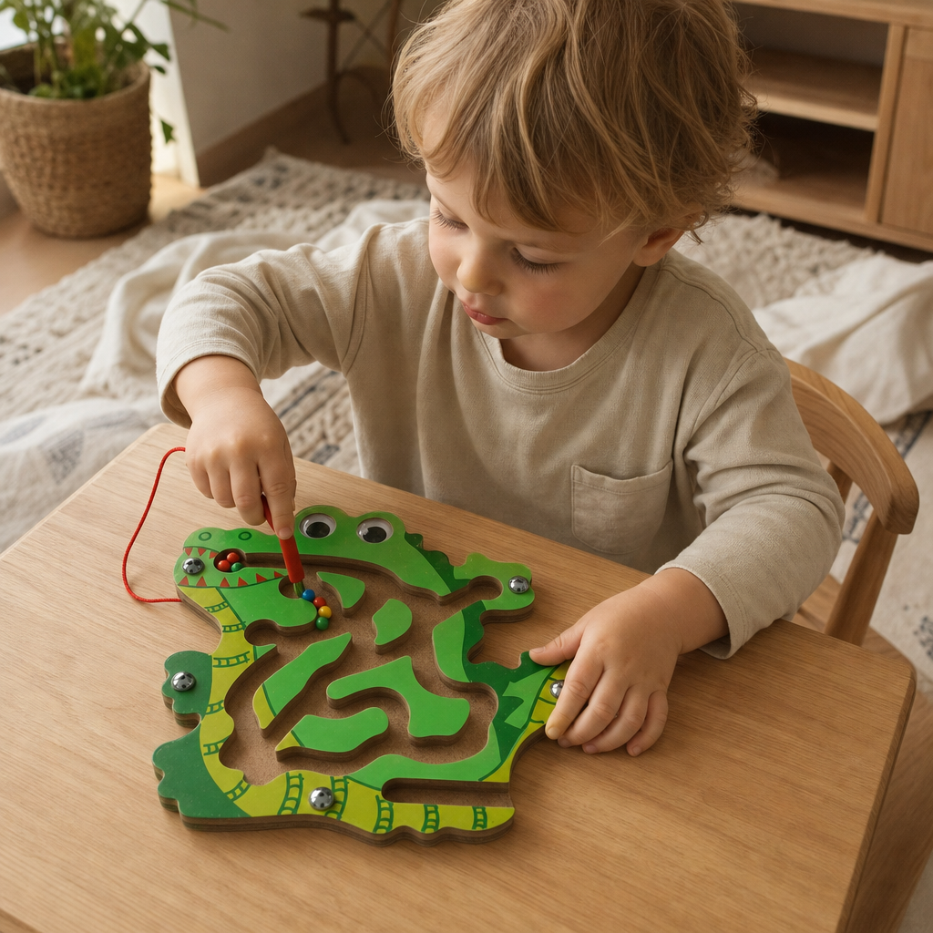 Child playing with the Crocodile Wooden Maze