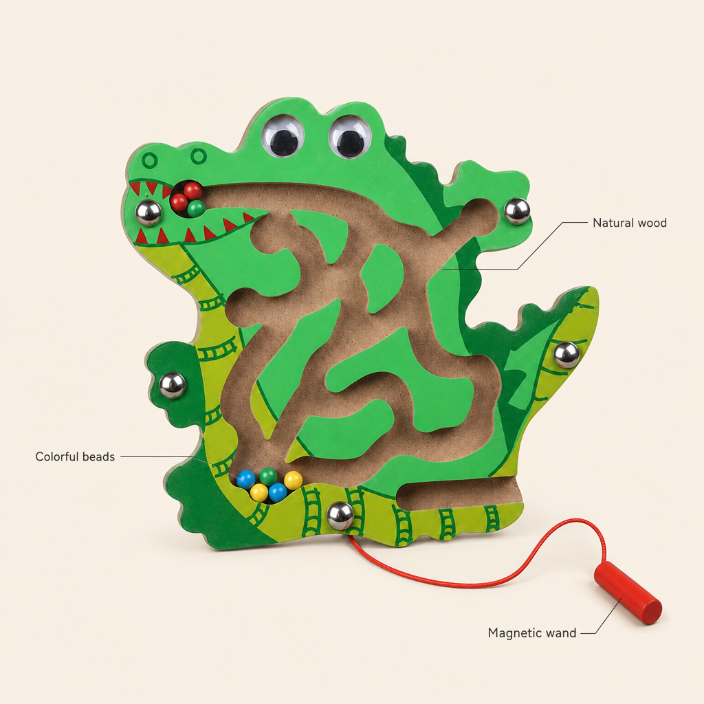 Crocodile Wooden Maze features: Natural wood, Magnetic wand, Colorful beads
