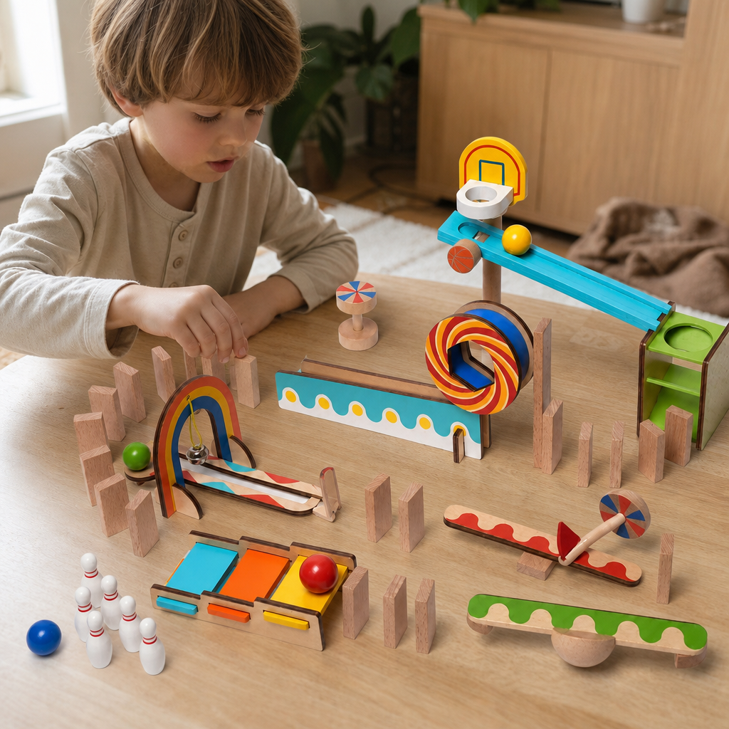 Child playing with the Domino Run STEM Set 57 Pieces