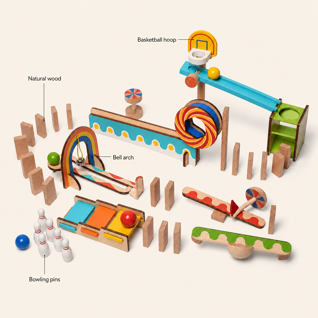 Domino Run STEM Set 57 Pieces features: Natural wood, Basketball hoop, Bell arch, Bowling pins