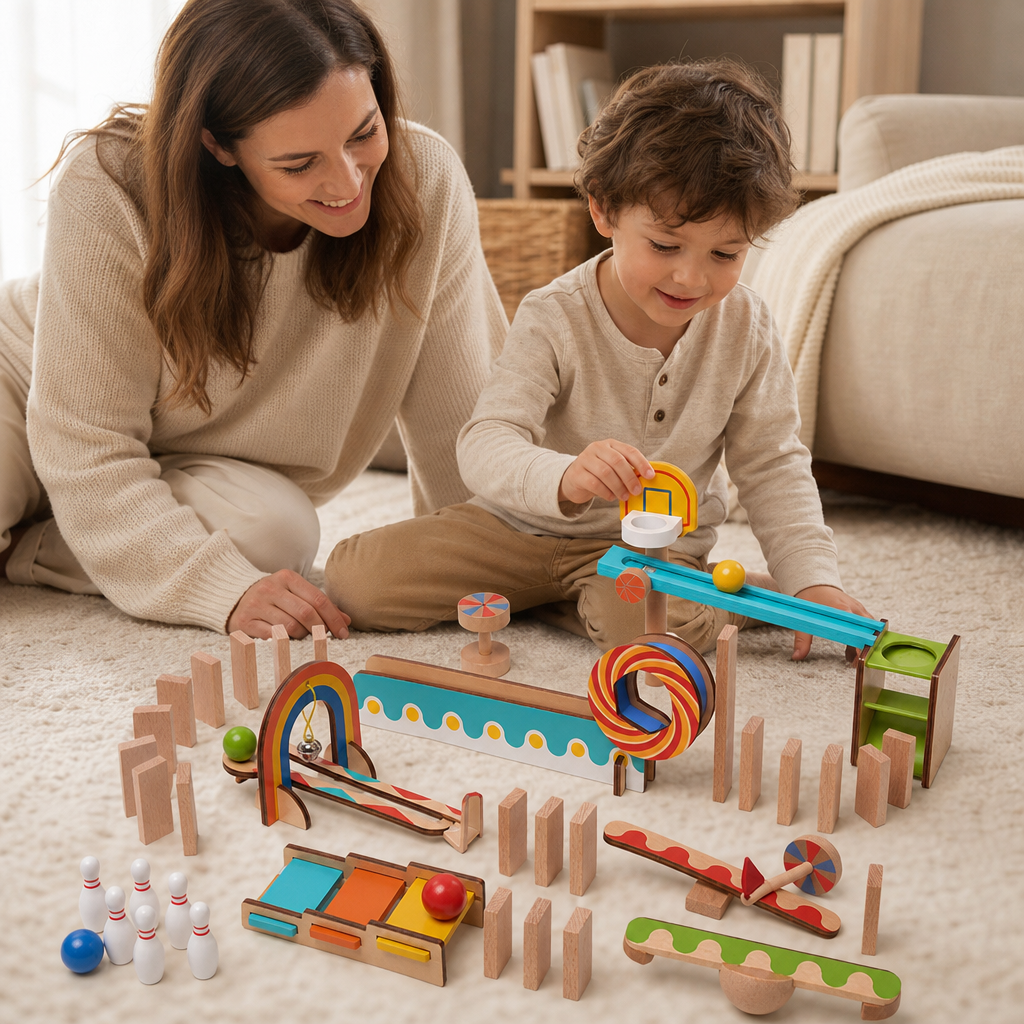 Parent and child playing together with the Domino Run STEM Set 57 Pieces