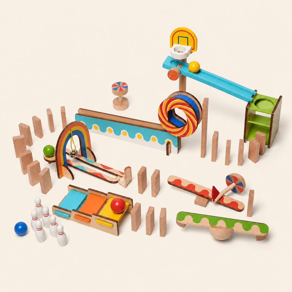 Montessori Domino Run STEM Set 57 Pieces product photo on a cream background