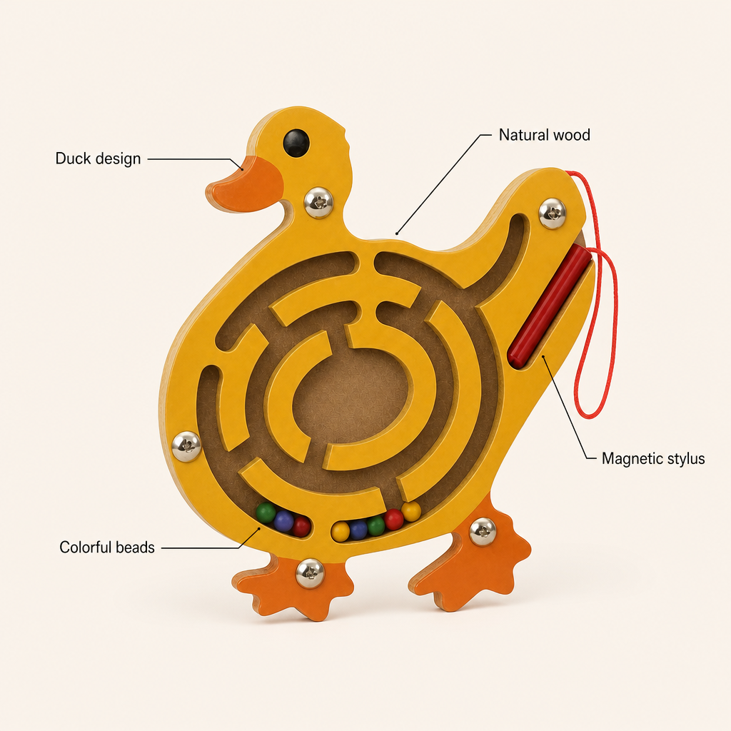 Duck Wooden Maze features: Natural wood, Magnetic stylus, Colorful beads, Duck design