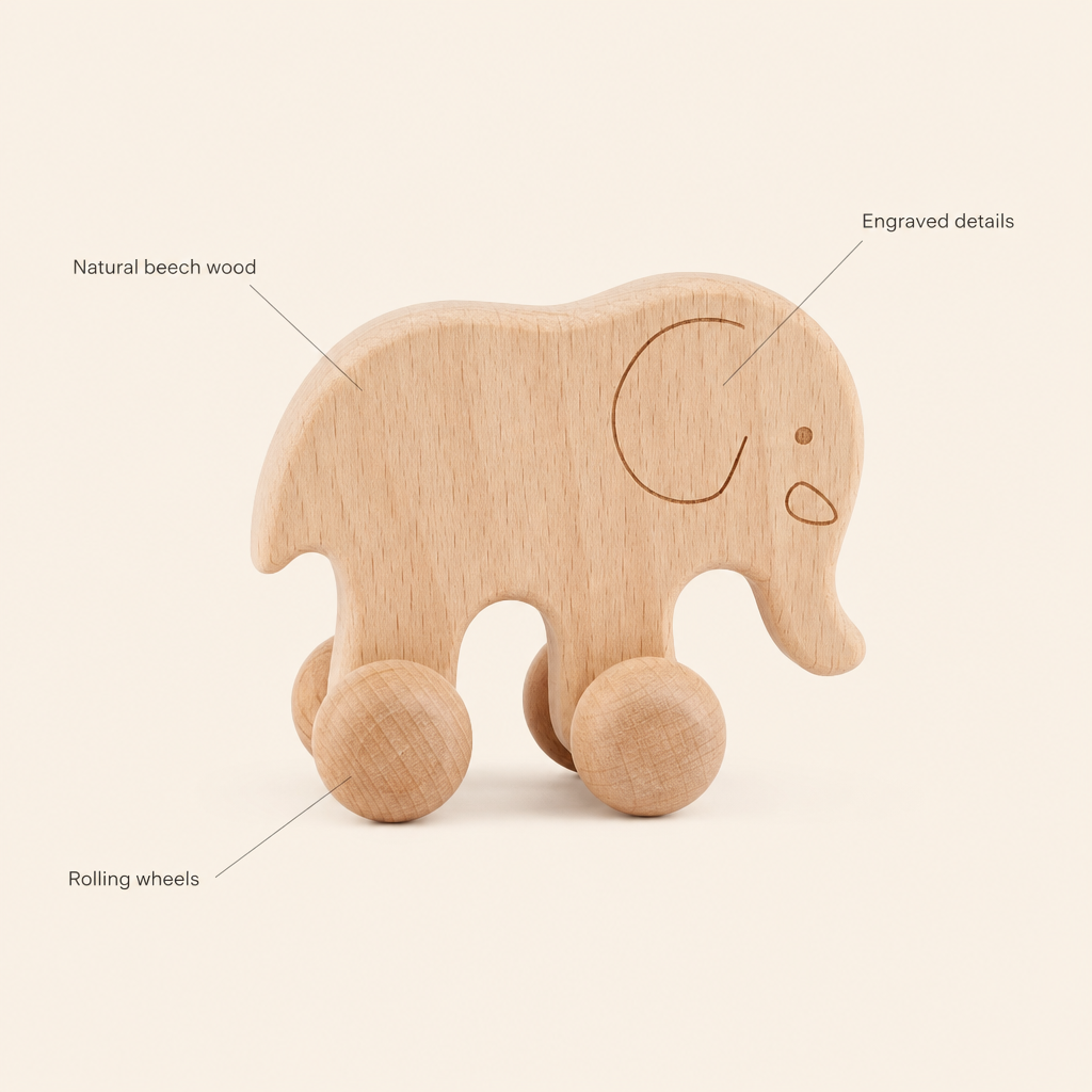 Elephant Push Toy on Wheels features: Natural beech wood, Rolling wheels, Engraved details