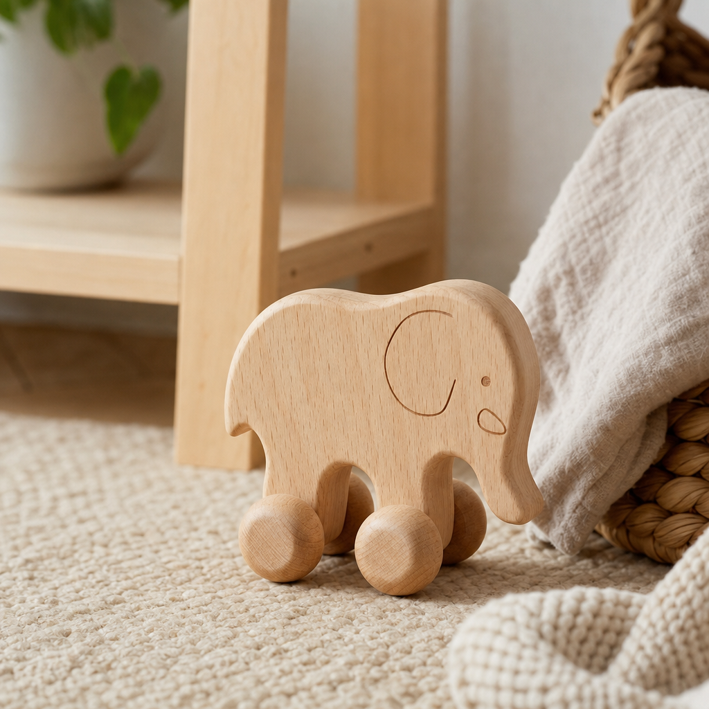 Elephant Push Toy on Wheels in a bright Montessori playroom