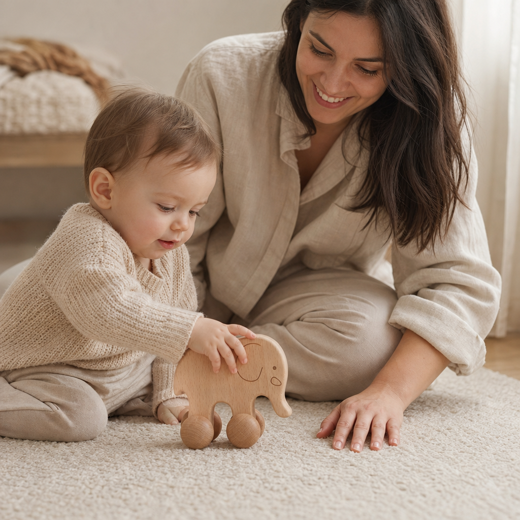 Parent and child playing together with the Elephant Push Toy on Wheels