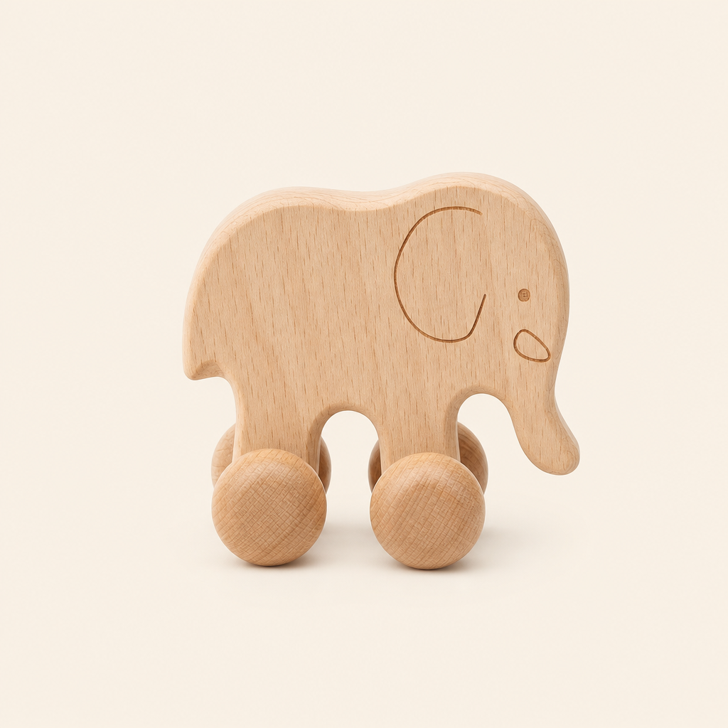 Montessori Elephant Push Toy on Wheels product photo on a cream background