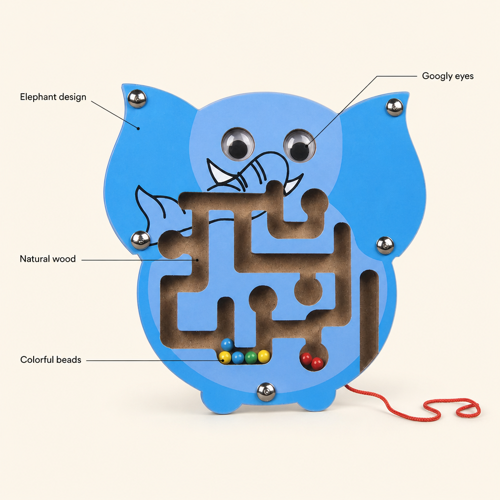 Elephant Wooden Maze features: Natural wood, Googly eyes, Colorful beads, Elephant design