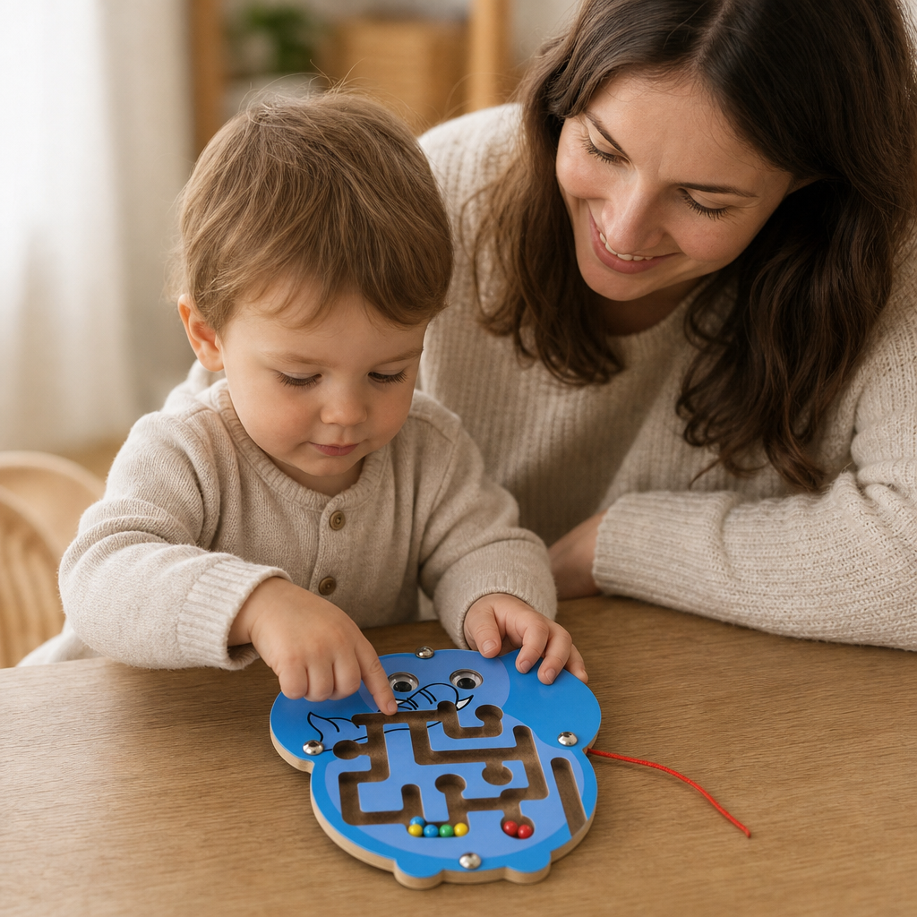Parent and child playing together with the Elephant Wooden Maze