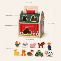 Farmhouse Shape Sorter features: Natural wood, Shape sorter, Carry handle, 10 figurines ; size 6.5 in / 16.5 cm ; 7.5 in / 19 cm