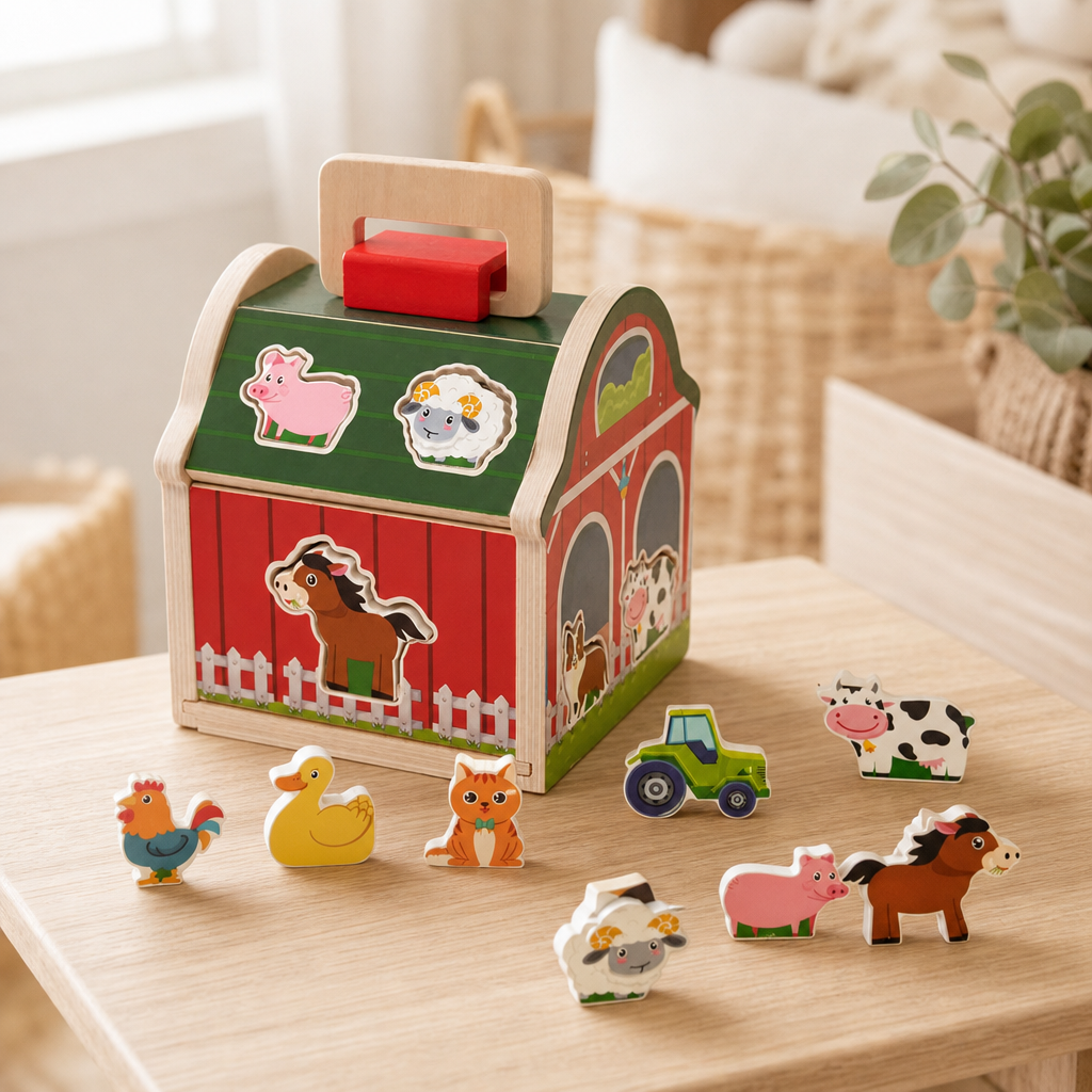 Farmhouse Shape Sorter in a bright Montessori playroom