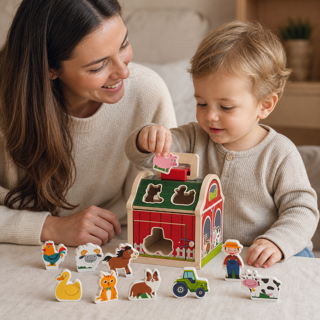 Parent and child playing together with the Farmhouse Shape Sorter