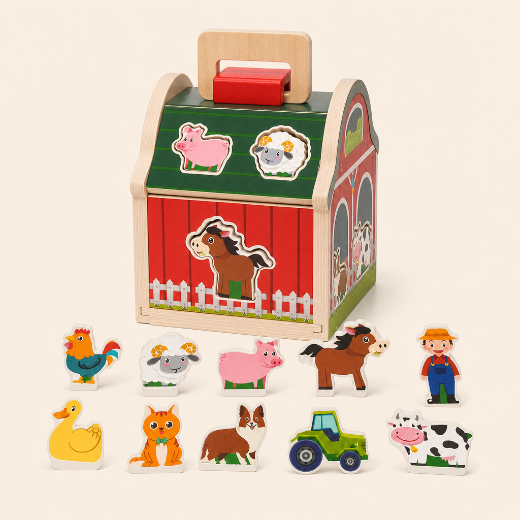 Montessori Farmhouse Shape Sorter product photo on a cream background