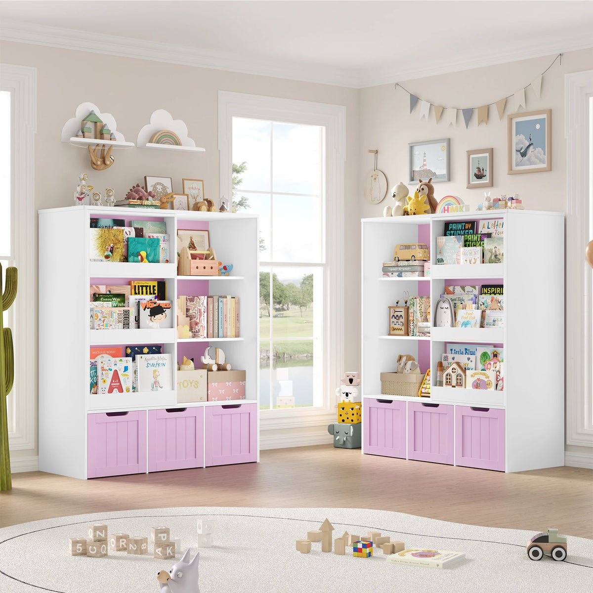 Kids Bookshelf Sliding Door 10 Shelves Montessori & Toys