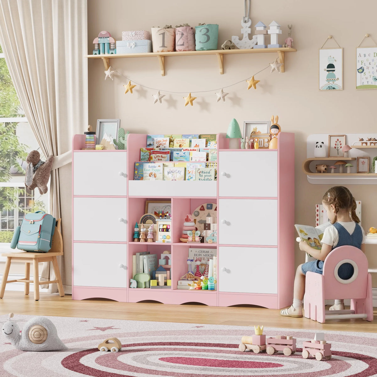 Kids Toy Storage Bookshelf 6 Doors 6 Cubbies Montessori & Toys