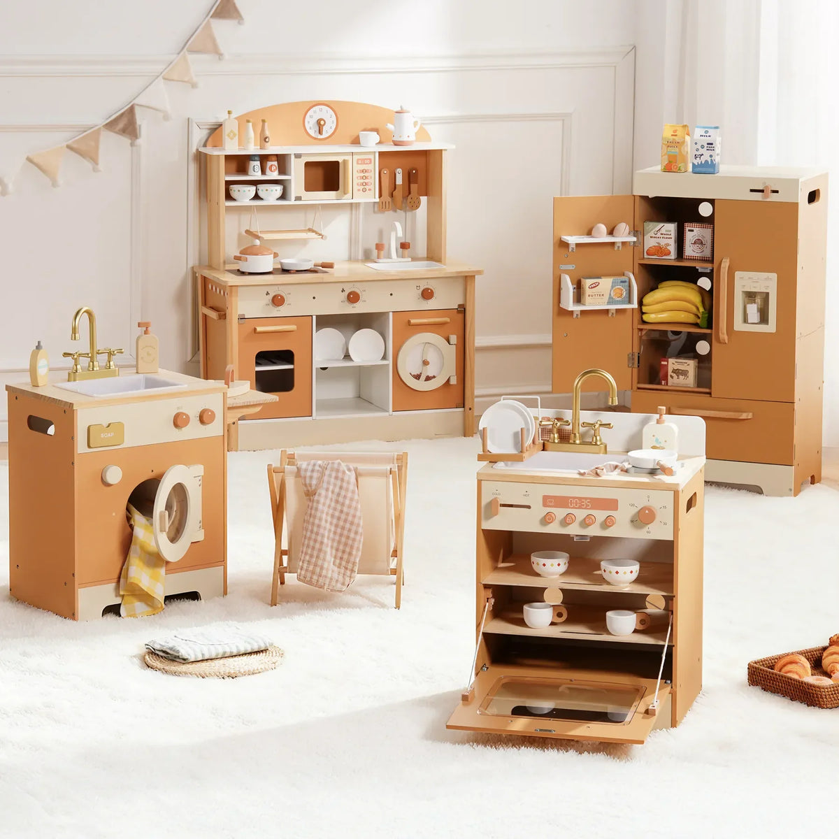Kids Wooden Play Kitchen Full Set Apricot Montessori & Toys