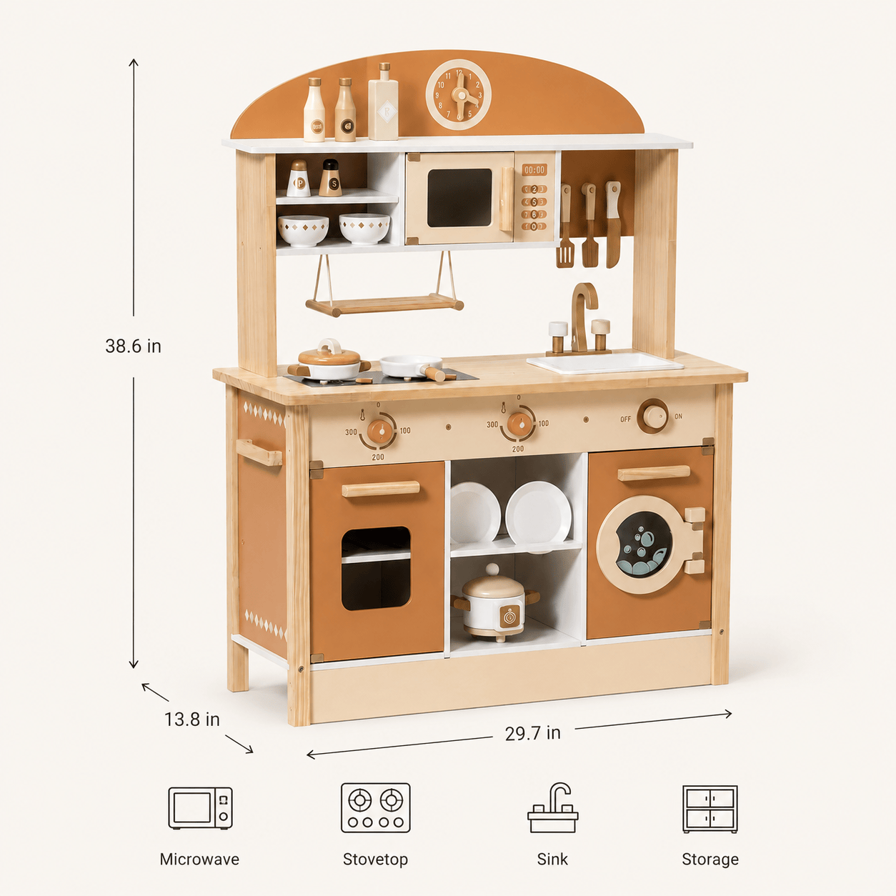 Kids Wooden Play Kitchen Full Set Apricot Montessori & Toys