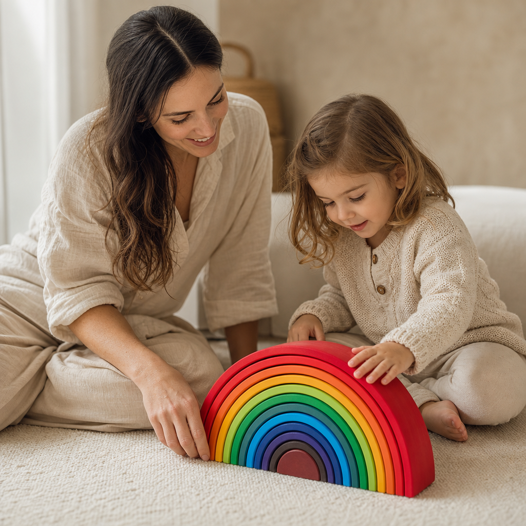Parent and child playing together with the Large Rainbow Stacker 12 Arches
