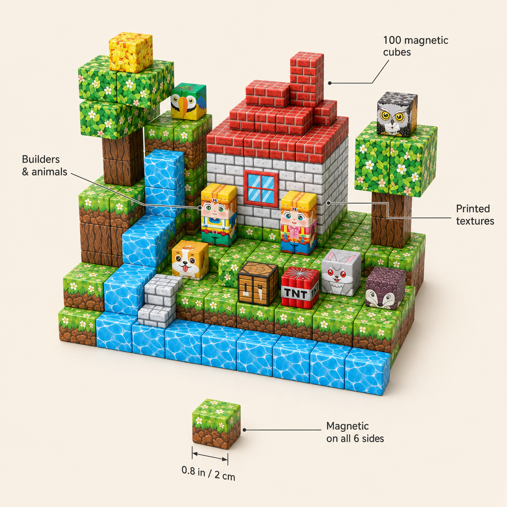 Magnetic Cubes Waterfall Cabin features: 100 magnetic cubes, Magnetic on all 6 sides, Builders & animals, Printed textures ; size 0.8 in / 2 cm
