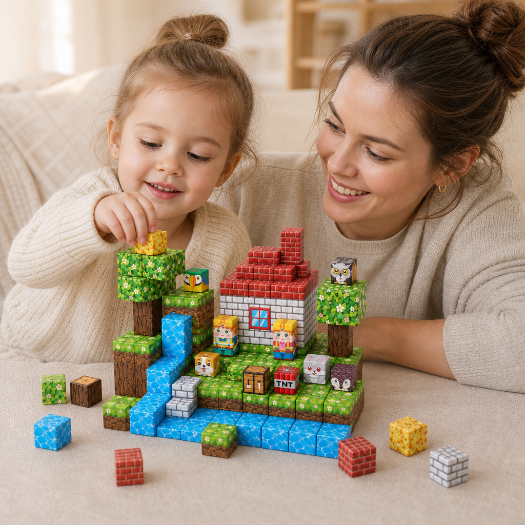 Parent and child playing together with the Magnetic Cubes Waterfall Cabin