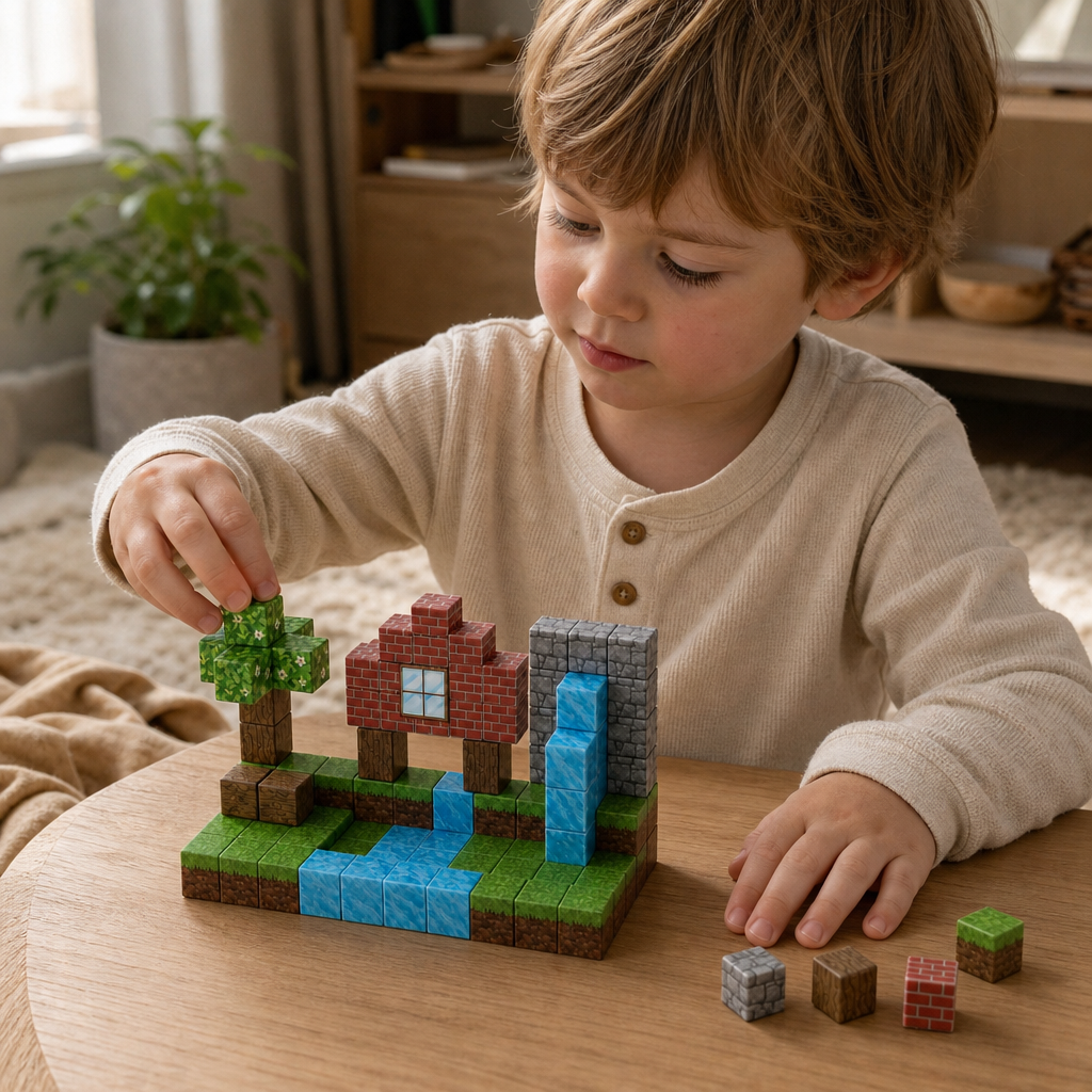 Child playing with the Magnetic Cubes Wild Forest