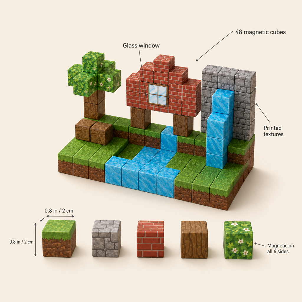 Magnetic Cubes Wild Forest features: 48 magnetic cubes, Magnetic on all 6 sides, Glass window, Printed textures ; size 0.8 in / 2 cm