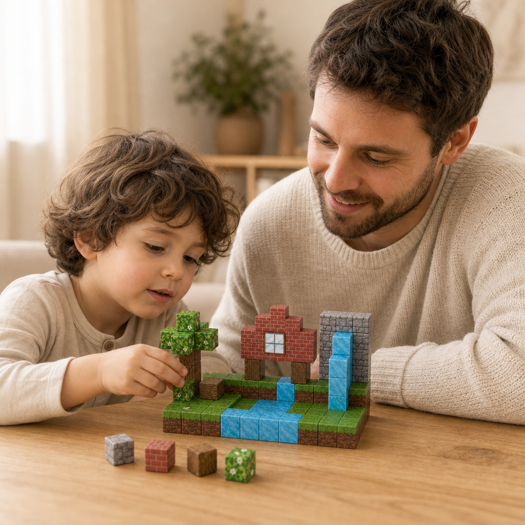 Parent and child playing together with the Magnetic Cubes Wild Forest