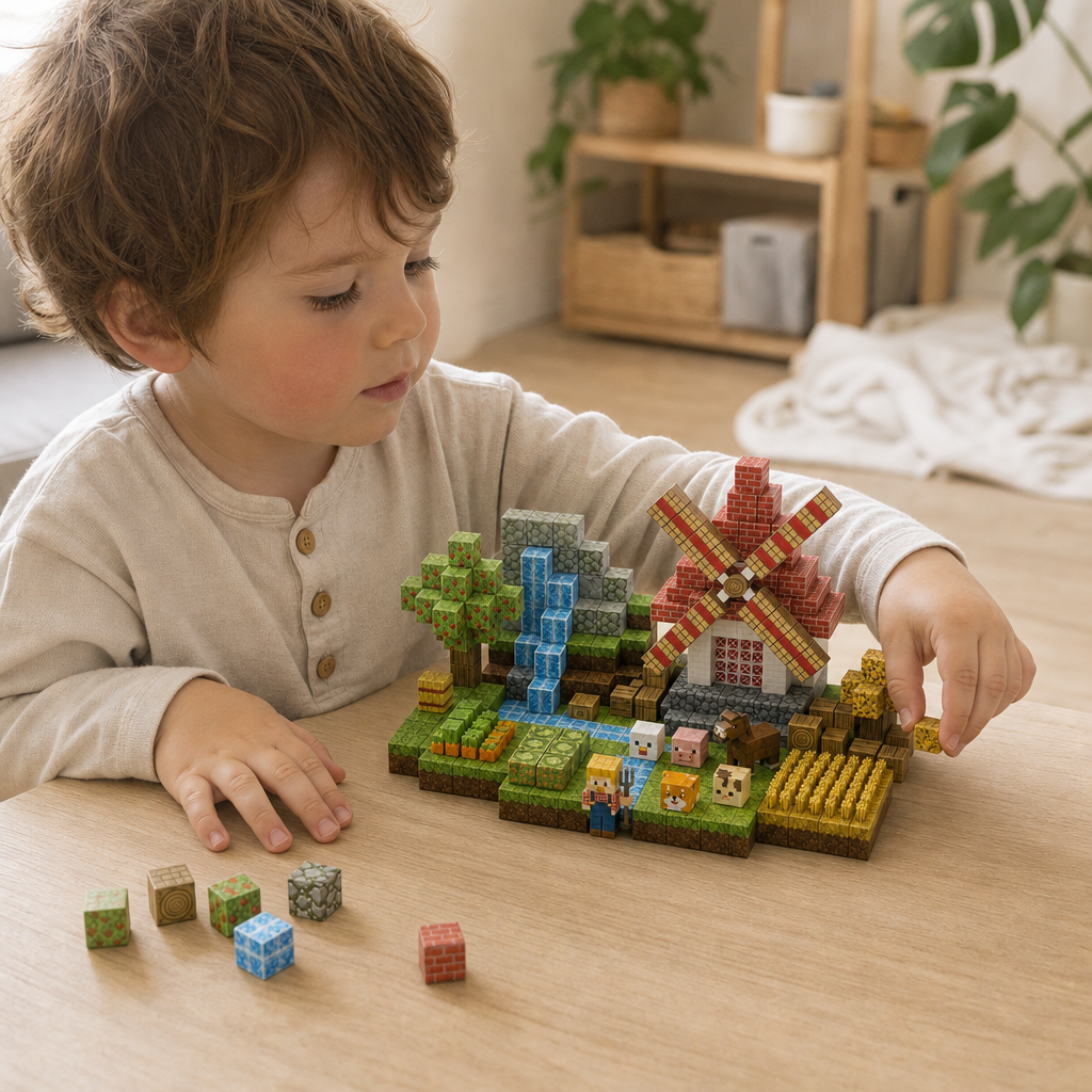 Child playing with the Magnetic Cubes Windmill Farm