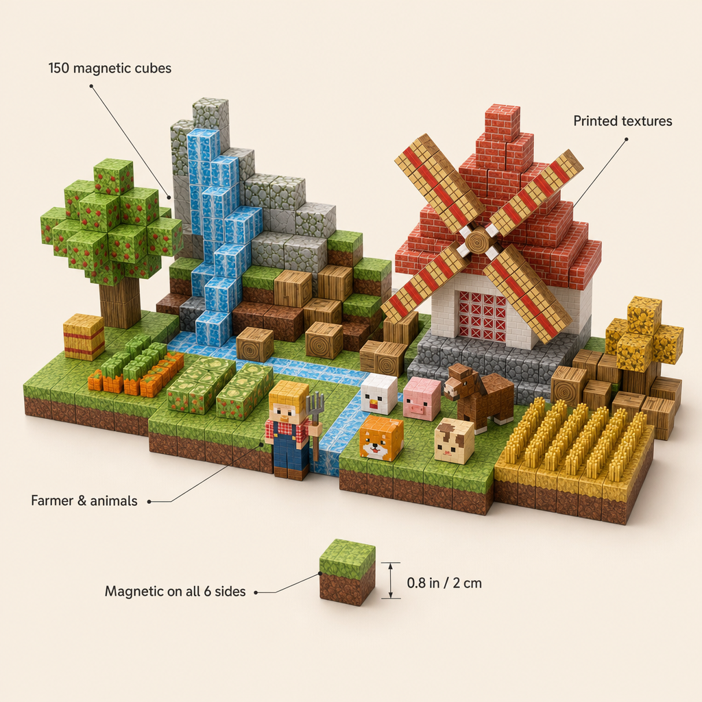 Magnetic Cubes Windmill Farm features: 150 magnetic cubes, Magnetic on all 6 sides, Farmer & animals, Printed textures ; size 0.8 in / 2 cm