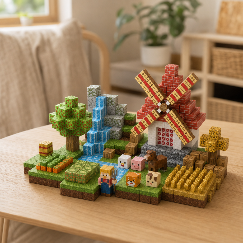 Magnetic Cubes Windmill Farm in a bright Montessori playroom