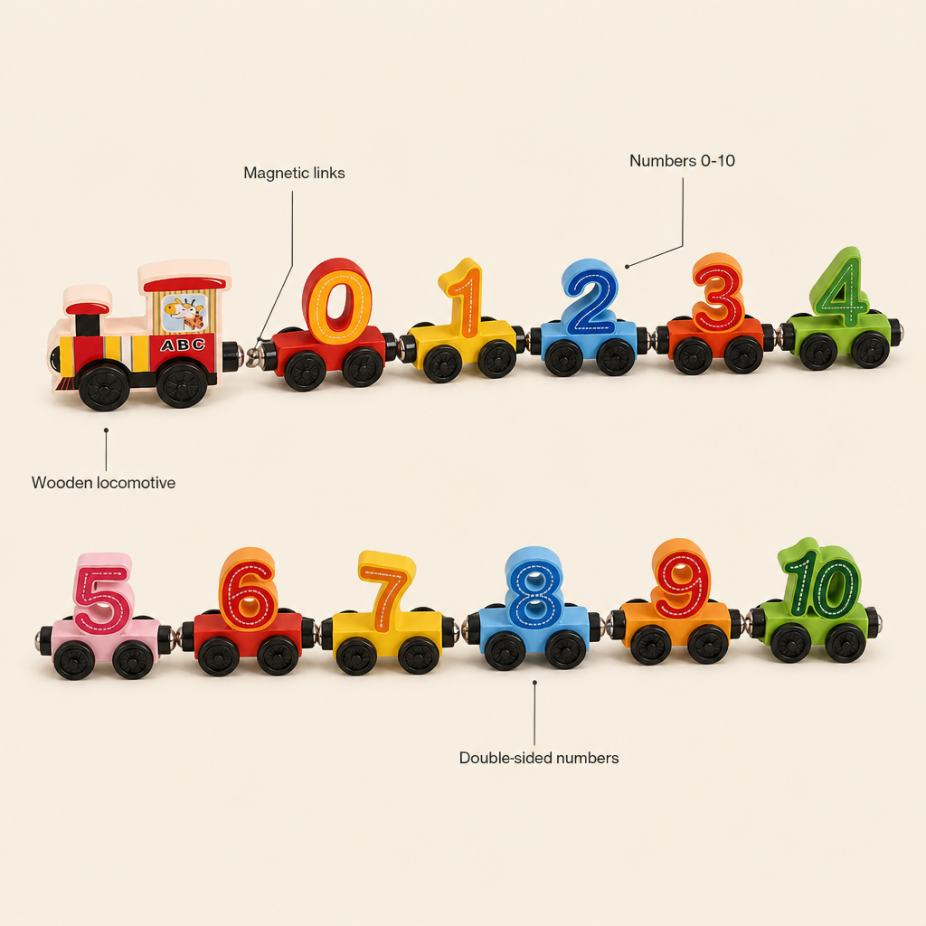 Magnetic Number Train features: Magnetic links, Numbers 0-10, Wooden locomotive, Double-sided numbers