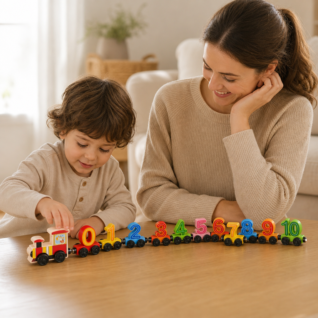 Parent and child playing together with the Magnetic Number Train