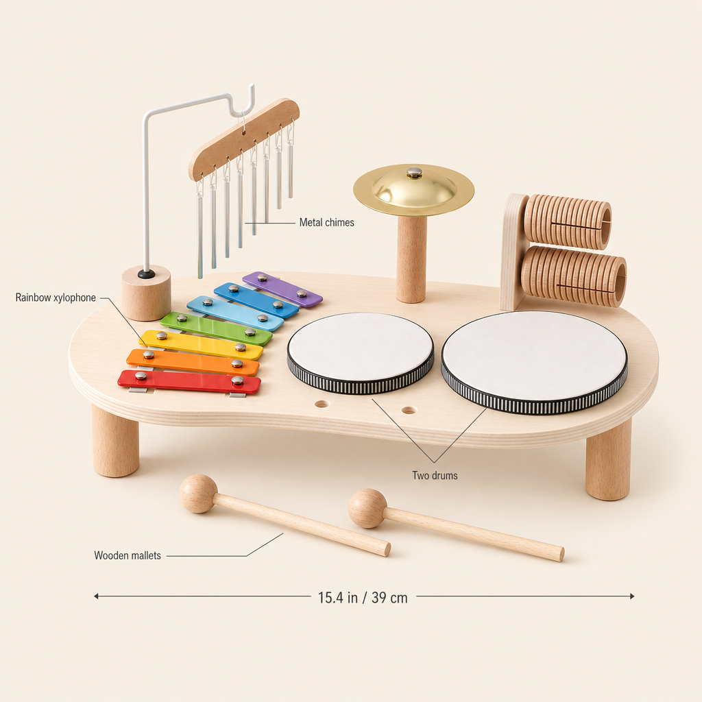 Music Station 6 Instruments features: Rainbow xylophone, Metal chimes, Two drums, Wooden mallets ; size 15.4 in / 39 cm