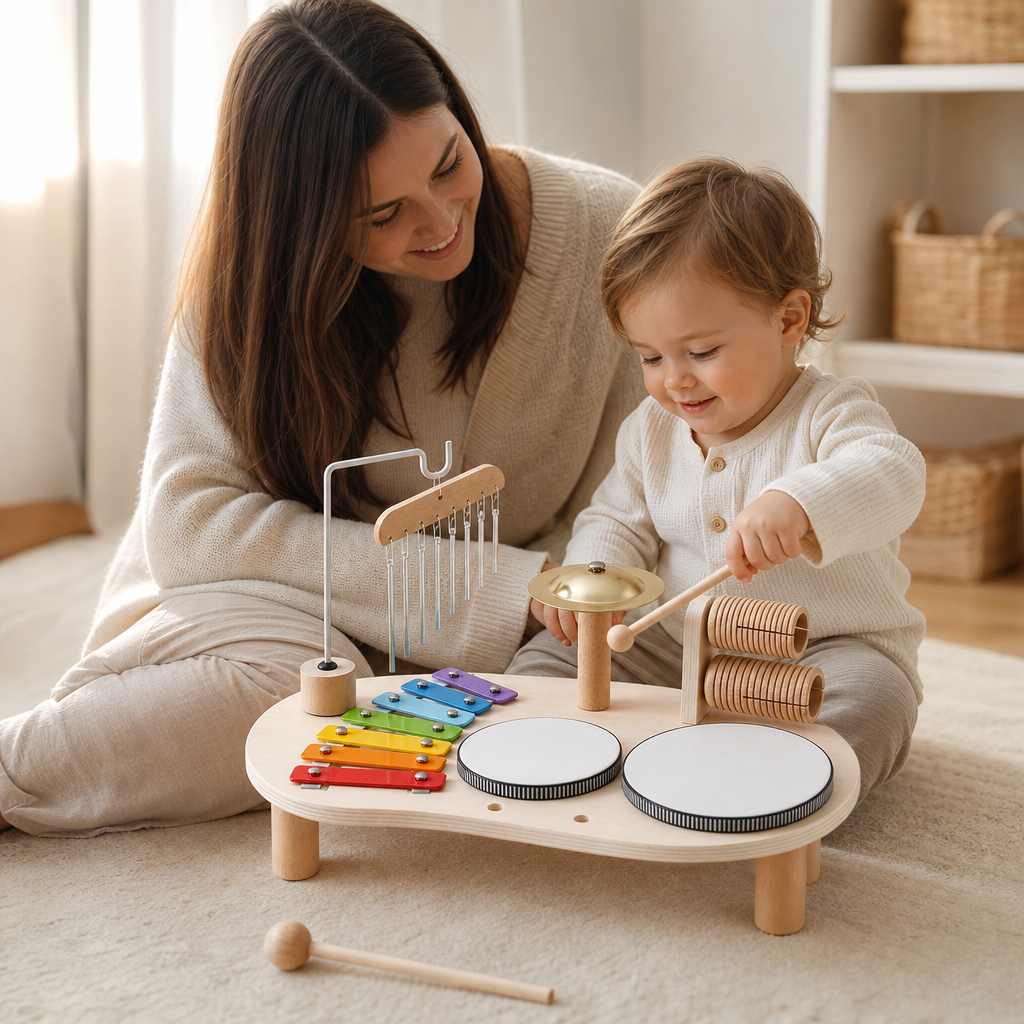 Parent and child playing together with the Music Station 6 Instruments